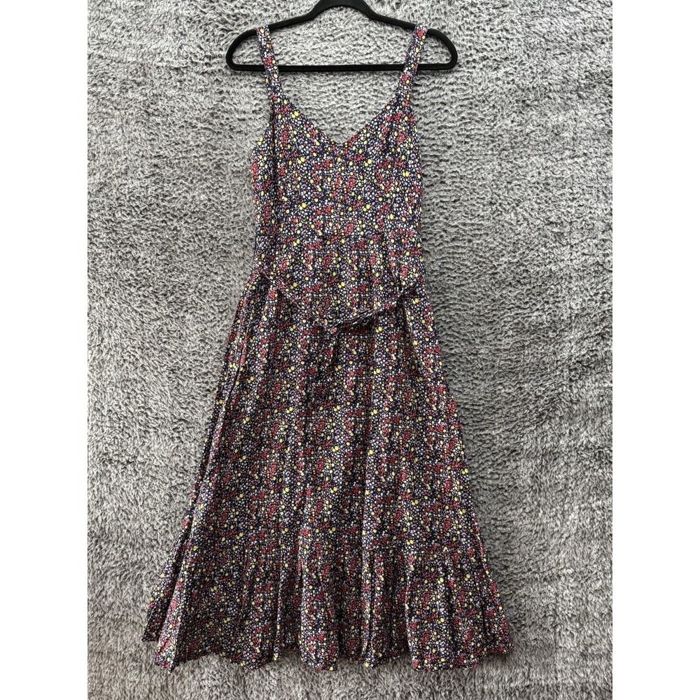 J Crew Tiered Floral Maxi Dress Navy Blue Linen Cotton Ruffle CottageCore Size 6 - Picture 1 of 10